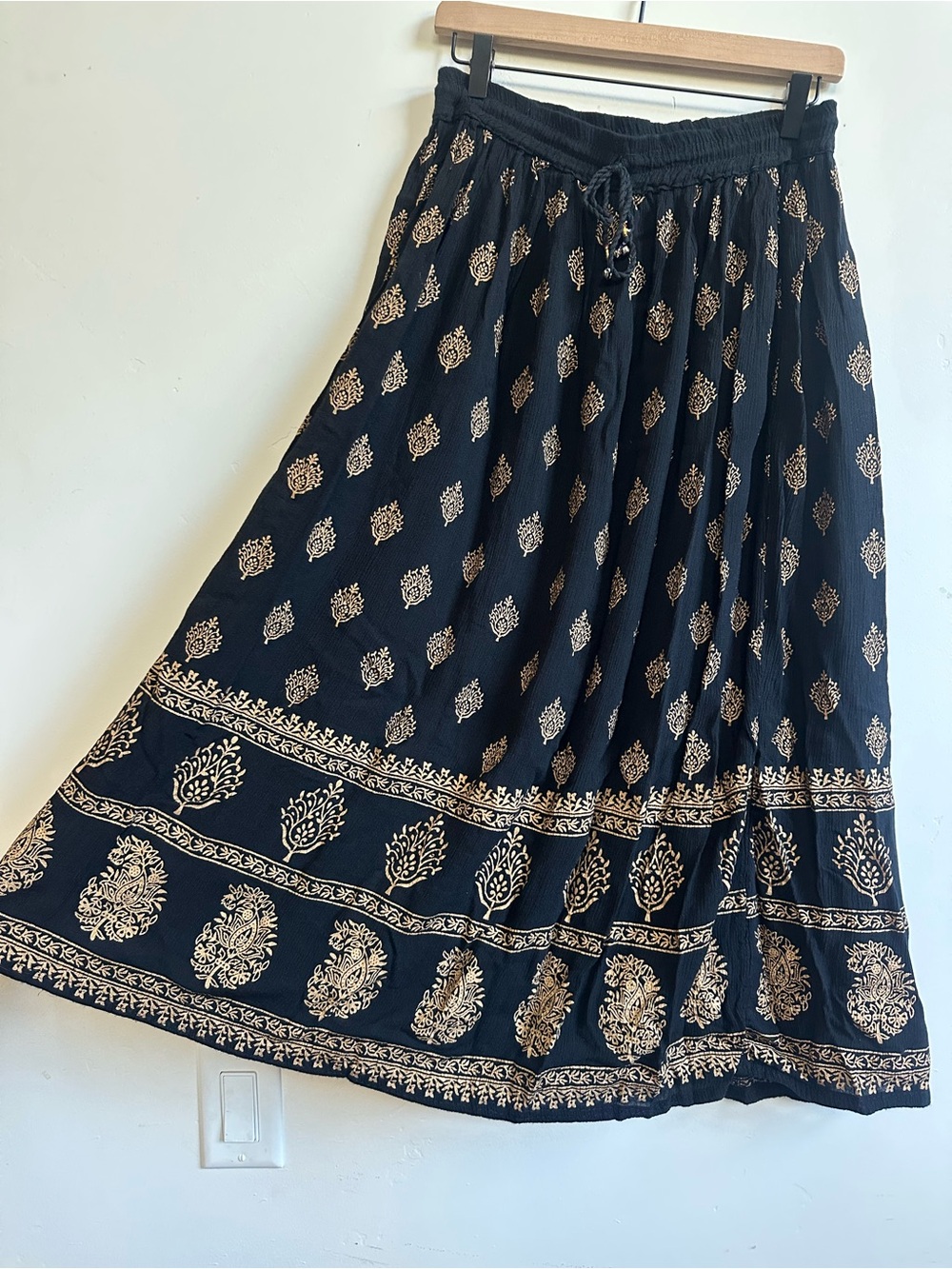 Black Bohemian Maxi Skirt with Gold Print - OS - Made in India